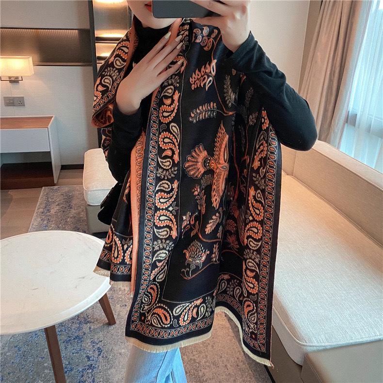 Liu Yifei-Inspired Retro Bluebird Cashmere Scarf - Thick, Warm, Ethnic Style Women's Winter Neck Warmer