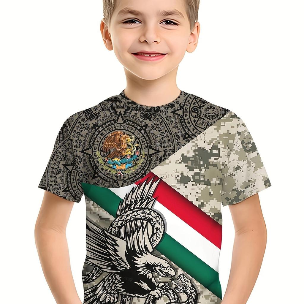 Dětské oblečení Chlapecká letní móda Vlajka Mexika 3D grafický potisk Tričko Krátký rukáv Živé barvy Ideální pro volný čas