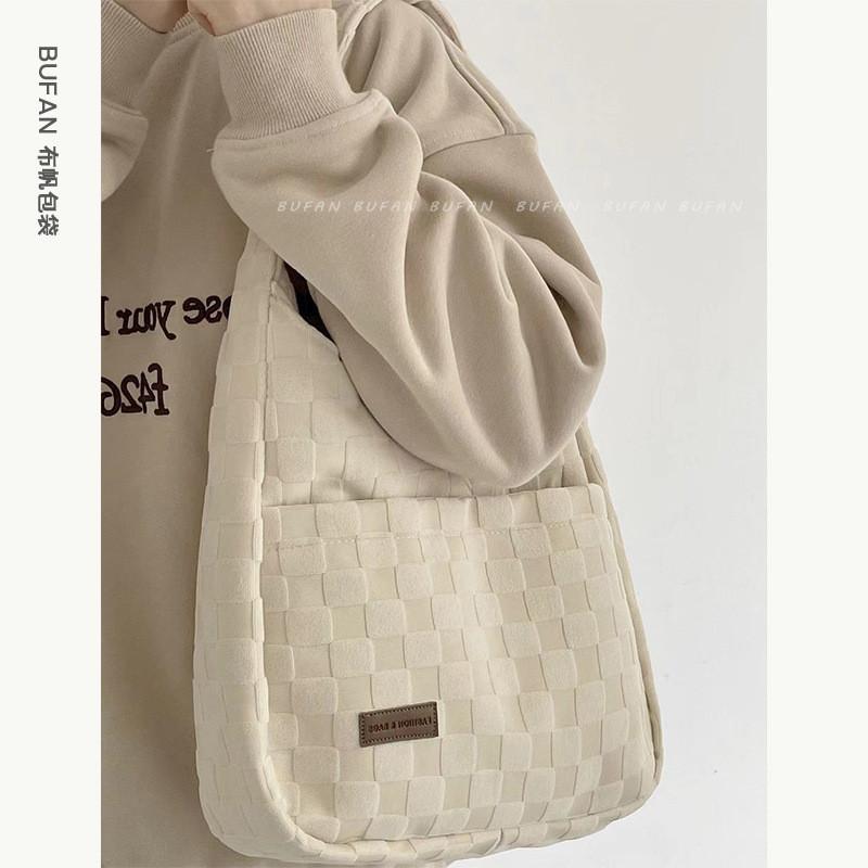 IELGY large-capacity bag, checkerboard canvas shoulder bag, high-end simple casual tote bag