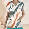 Women Plus Size Navy Blue Printed V Neck Short Sleeve Nurse Scrub Top With Front Pockets