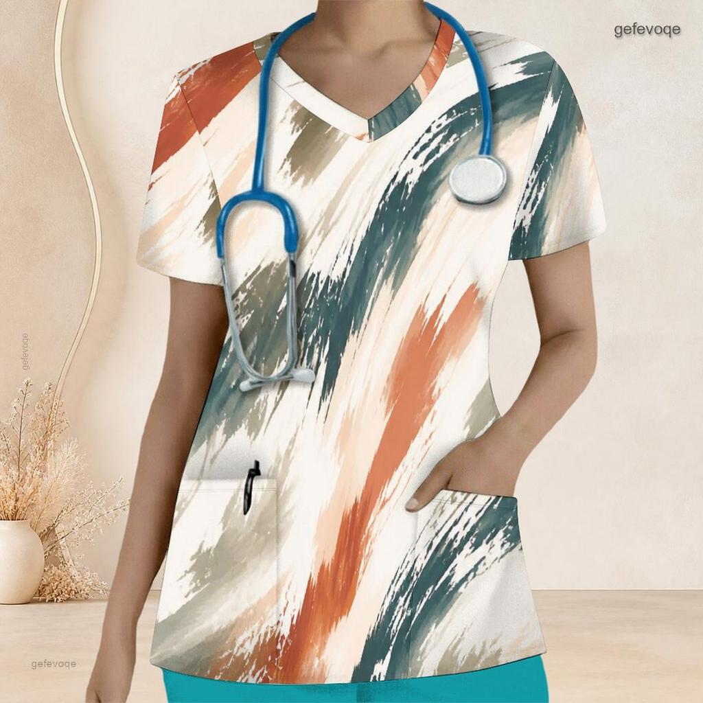 Women Plus Size Navy Blue Printed V Neck Short Sleeve Nurse Scrub Top With Front Pockets