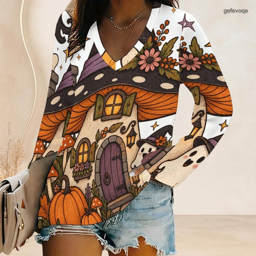 Women Plus Size V Neck Long Sleeve Halloween Mushroom Ghost Print Top