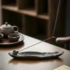 Black Pottery Lotus Leaf & Flower Ceramic Incense Holder - Creative Ruyi Buddha Design for Home Decor
