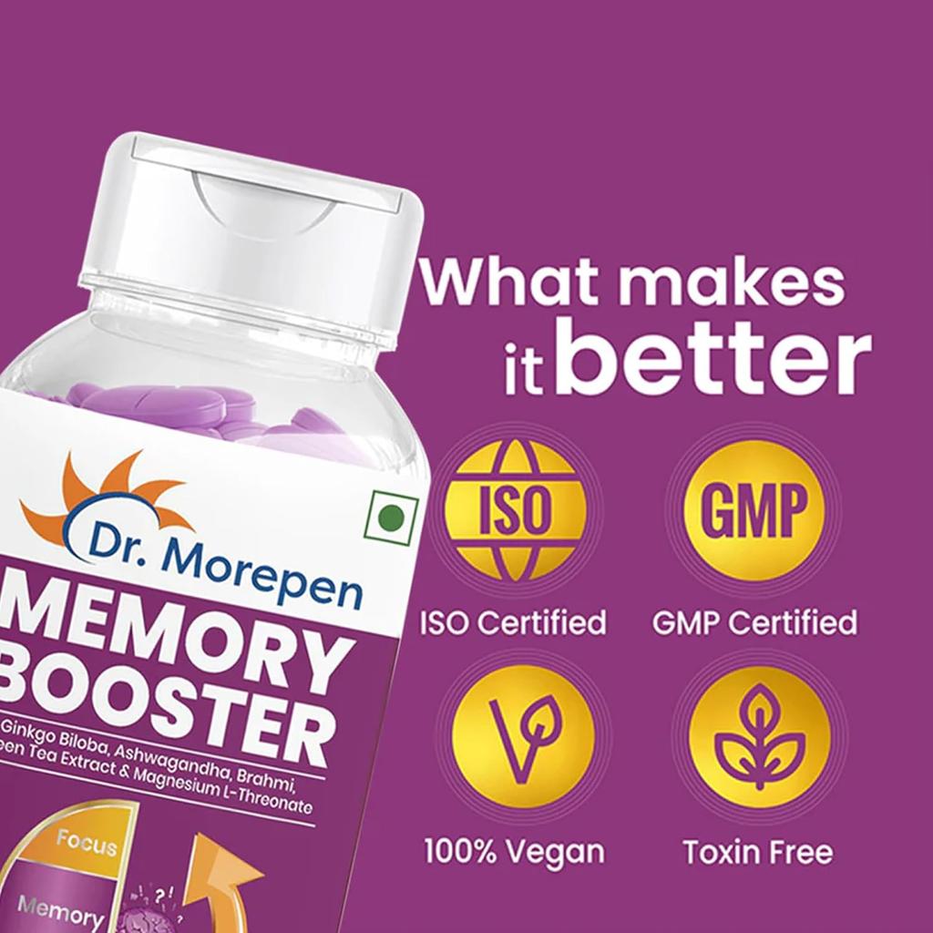 DR. MOREPEN Memory Focus Mood Tablets With GABA Ashwagandha Chamomile Brahmi Vitamins B1 B2 B3 Magnesium 60 Tablets