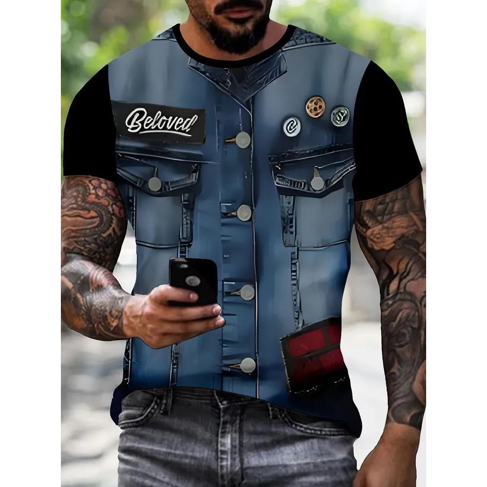 Fashionable Soft Comfortable Breathable Summer  Men's T-shirt Colorful Fun Cowboy Patchwork Pattern Short Sleeved T-shirt
