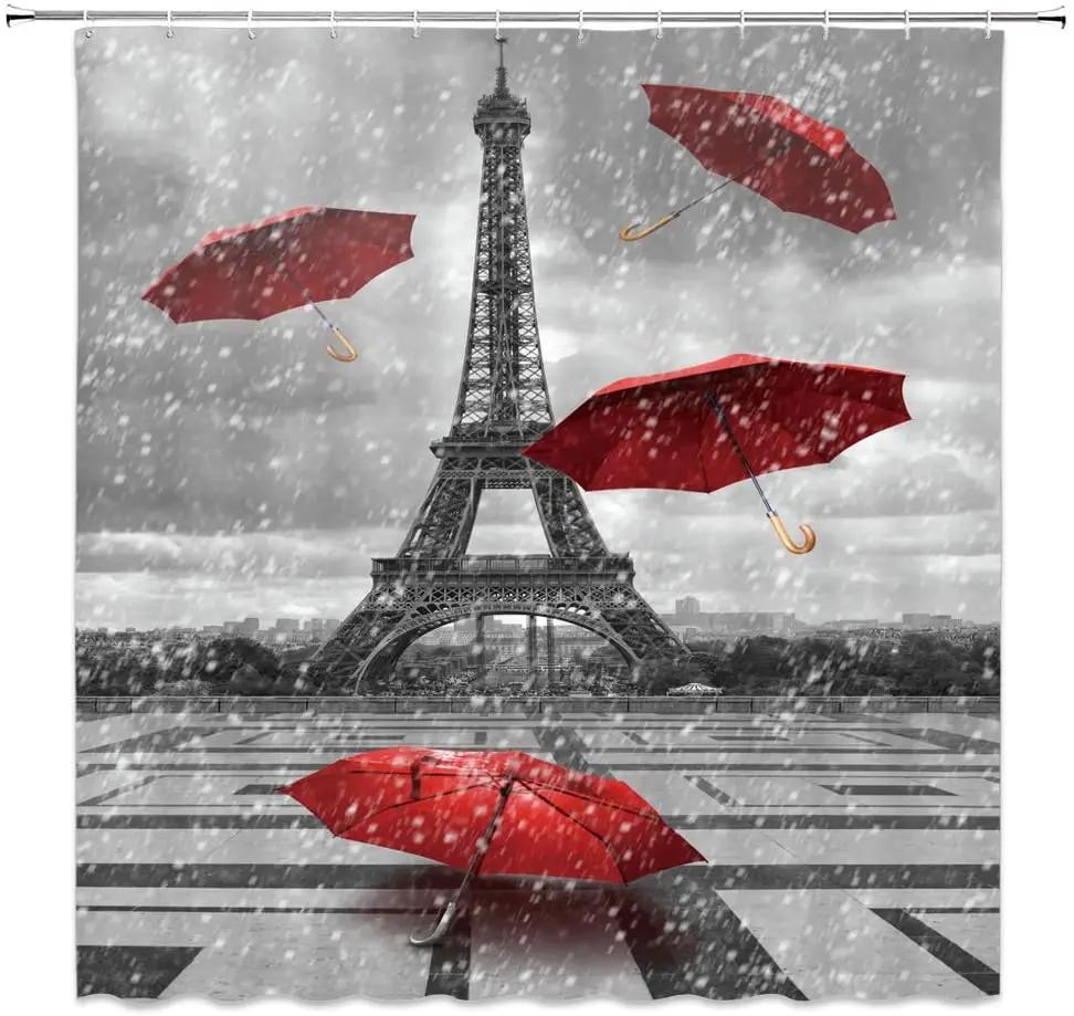 Vintage Paris City Scenery Shower Curtain Tower Pink Rose Flower Painting Spring Bathroom Decor Waterproof Screen With Hooks