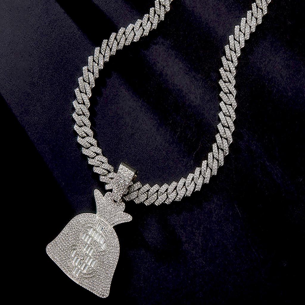 Alloy Personality Rock Sugar Diamond Dollar Coin Bag Pendant Rhombus Cuban Necklace Hip Hop Rap Jewelry