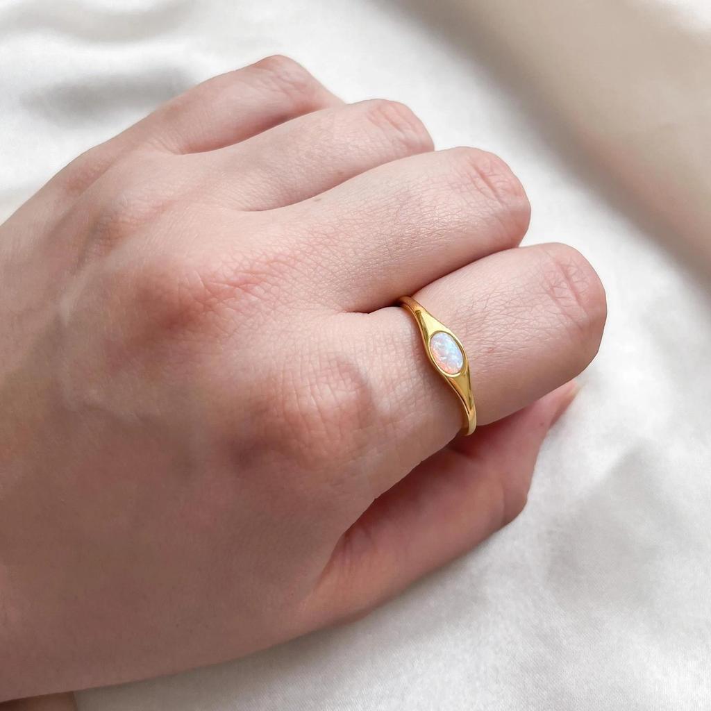 Oval Opal Signet Ring – Minimalist Gold Plated Dainty Ring, Modern Boho Jewelry, Everyday Gift for Women