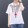 Embroidered Linen Short Sleeved T-shirt for Women In Summer Loose Oversized Retro Original Round Neck Pure Cotton Top for Women Shirts
