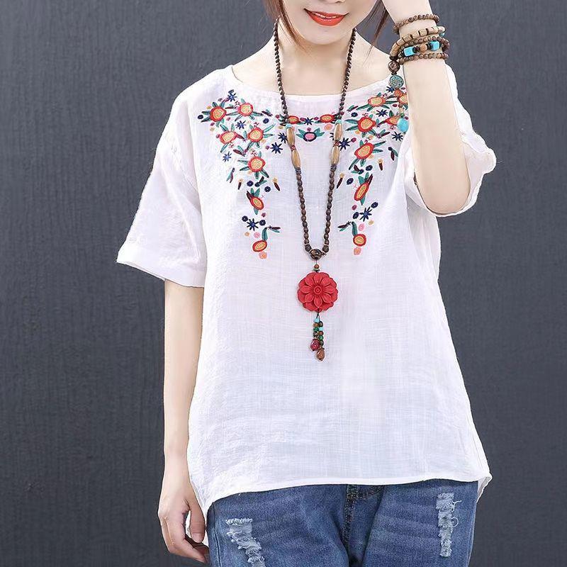 Embroidered Linen Short Sleeved T-shirt for Women In Summer Loose Oversized Retro Original Round Neck Pure Cotton Top for Women Shirts