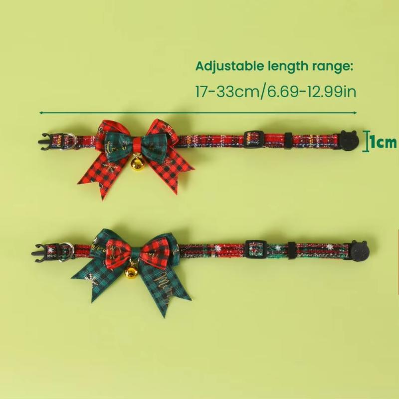 Christmas Cat Collar Red Green Plaid Bow Knot Collar Adjustable Bow Collar with Bell for Cats Xmas Dress-up Photo Shoots Prop