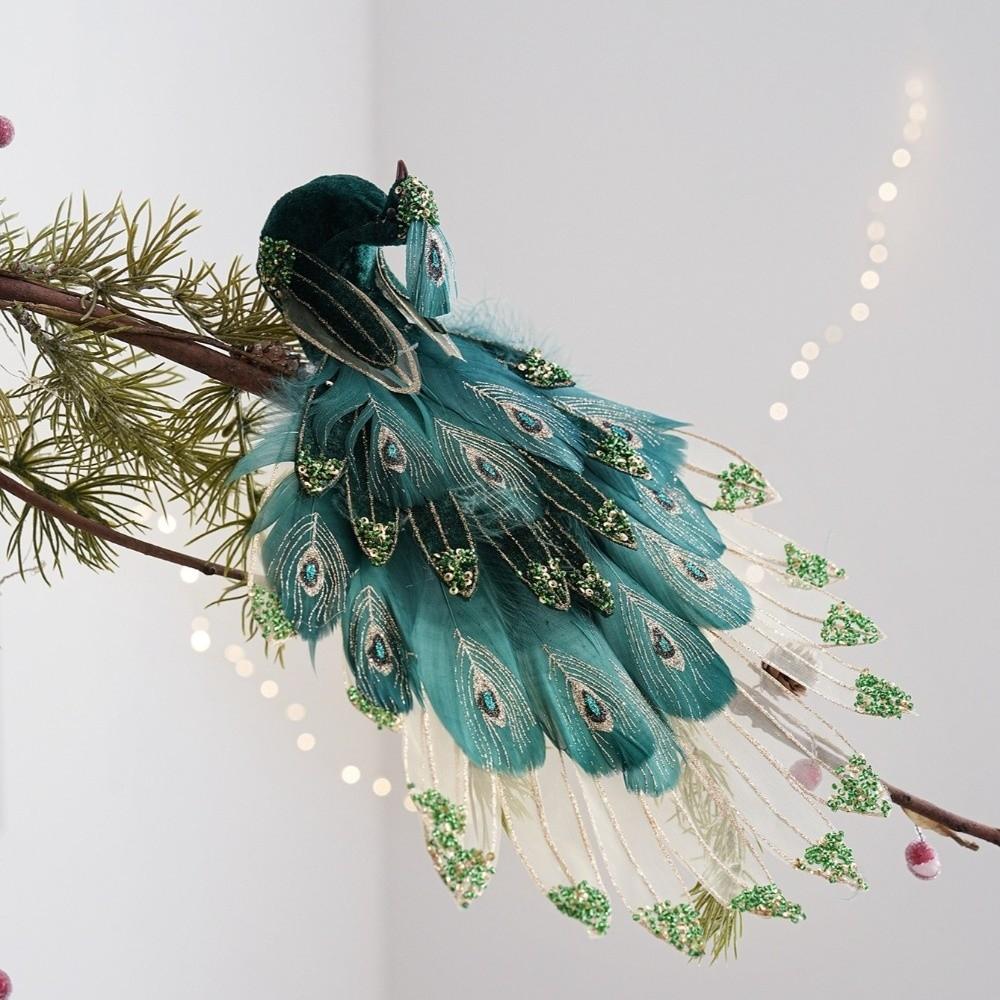 Fabric Feather Peacock Tree Decoration Glitter Accent Peacock Figurine Clip  Holiday Branch Decor
