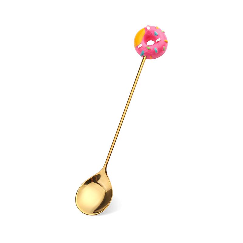 

New Stainless Steel Cute Donut Spoon Fork Ice Cream Cake Dessert Spoons Coffee Stirring Spoon Candy Cartoon Teaspoon Tableware Fork рожевий червоний колір