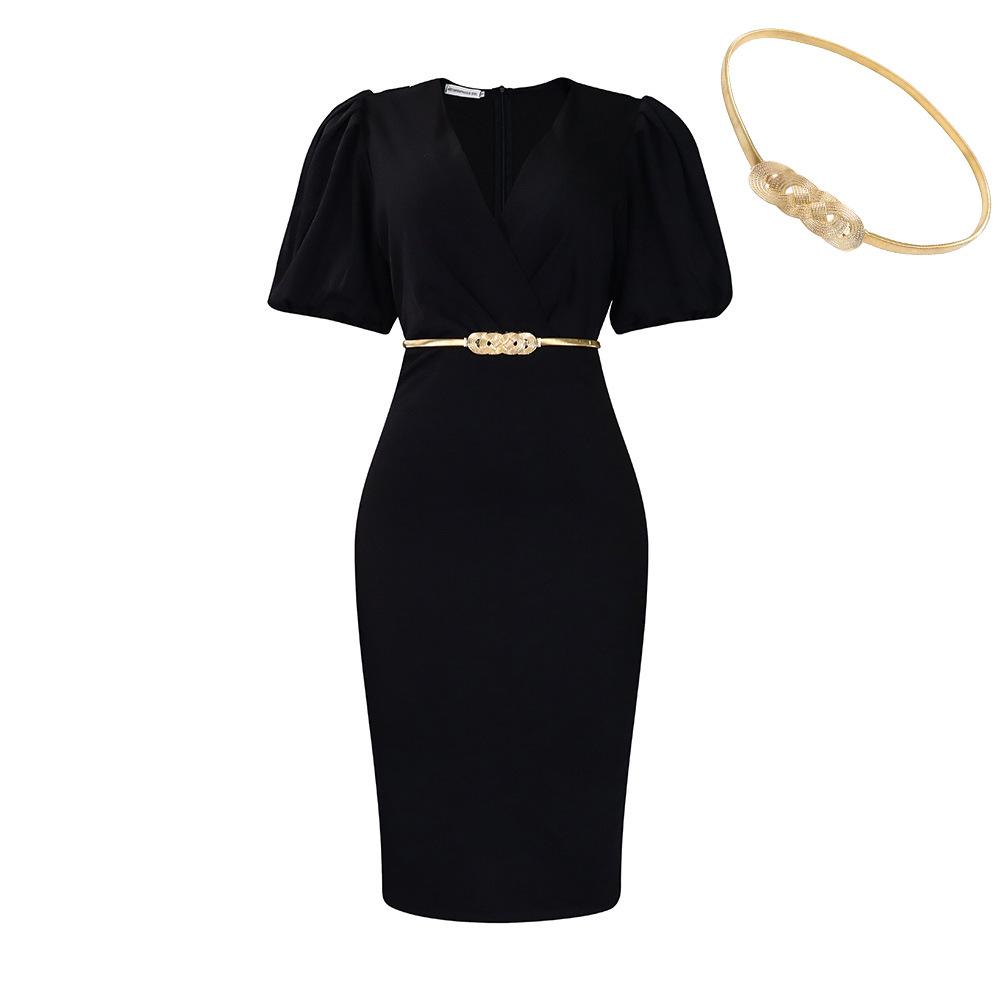 IHUASU Women's Summer Short Sleeve V-Neck Bubble Sleeve V-neck Bag Hip Professional OL Temperament Tong Le High Waist Dress