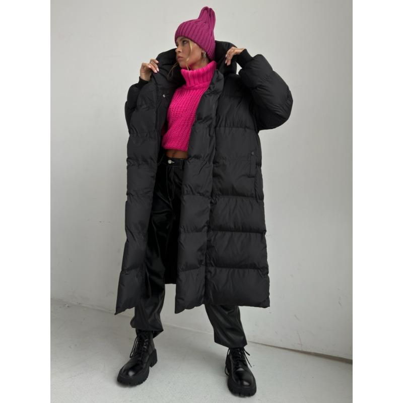 Dámský podzimní a zimní ležérní teplý zesílený dlouhý bavlněný kabát s kapucí