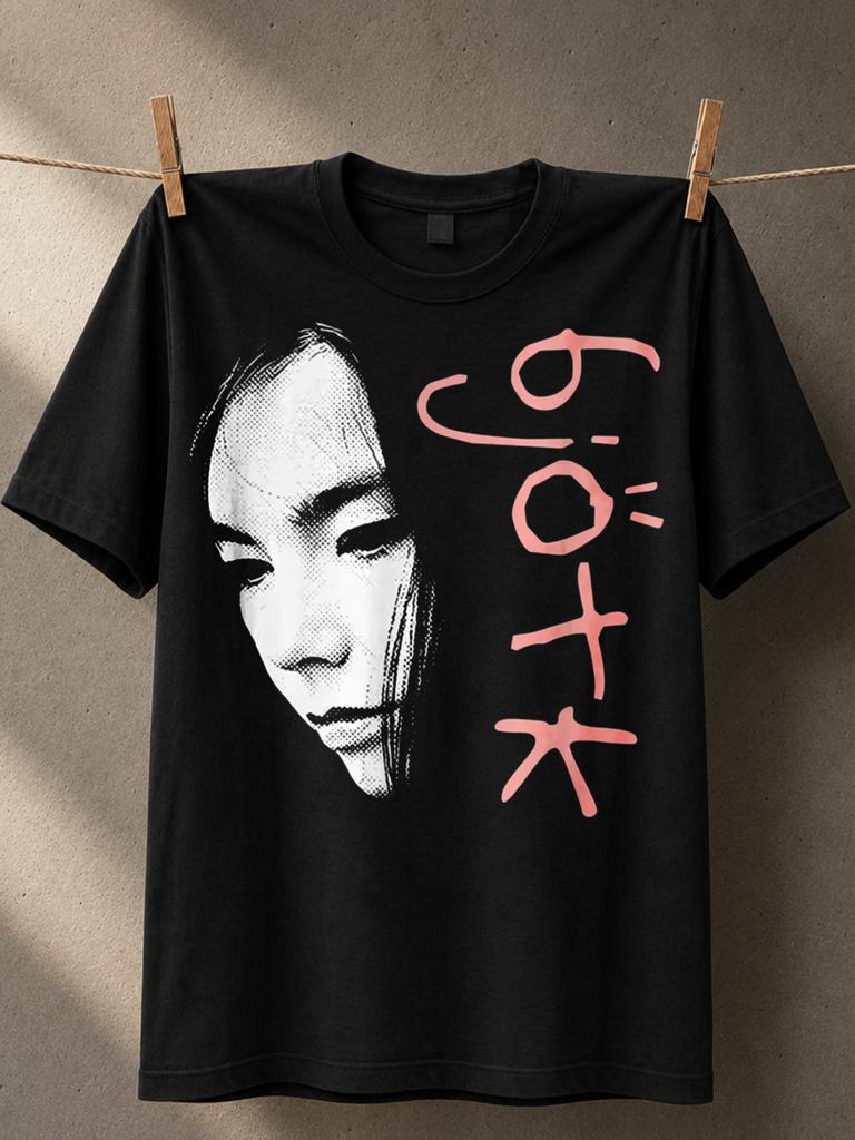 Bjork Face Symbol Base Halftone Closeup Portrait Pink Runic Lettering And Stark Alternative Art Unisex All Tshirt