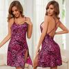 Women’s Nightgowns Satin Leopard Printed Sling Slit Backless Dresses Imitation Silk Sexy Sleep Wear Summer Home Casual Night Clothing