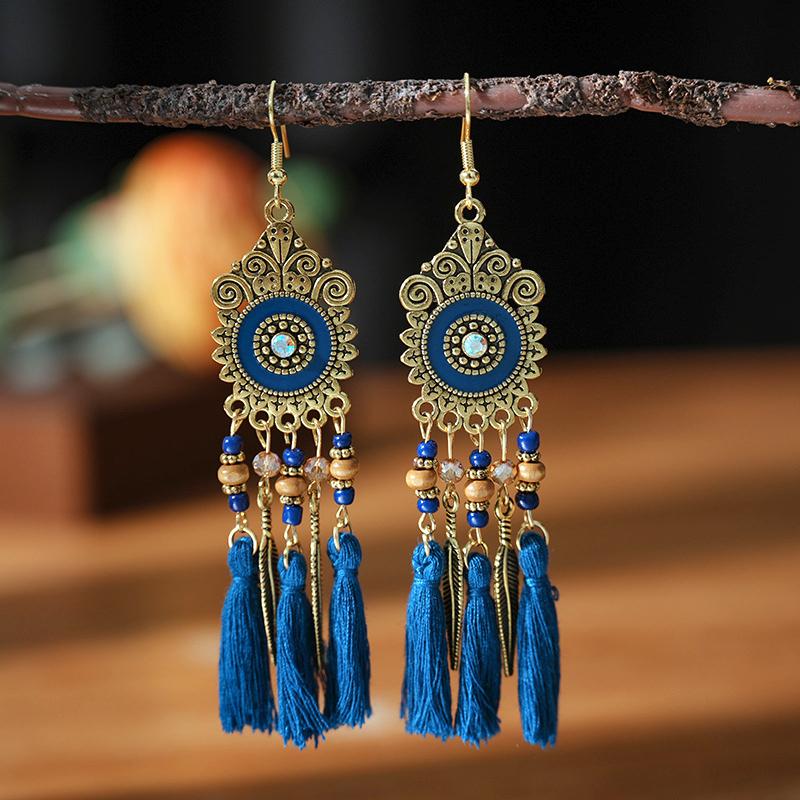 Bohemian Ethnic Style Tassel Earrings for Women Retro Waterdrop Round Fan Shaped Handmade Beaded Dangle Earring Lady Jewelry
