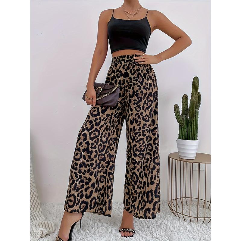 Women's Fashion Classic Leopard Print Stretch Waist Loose and Drapey Comfortable Casual Wide Leg Pants
