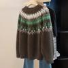 Women's Retro Color Block Round Neck Wool Blend Sweater