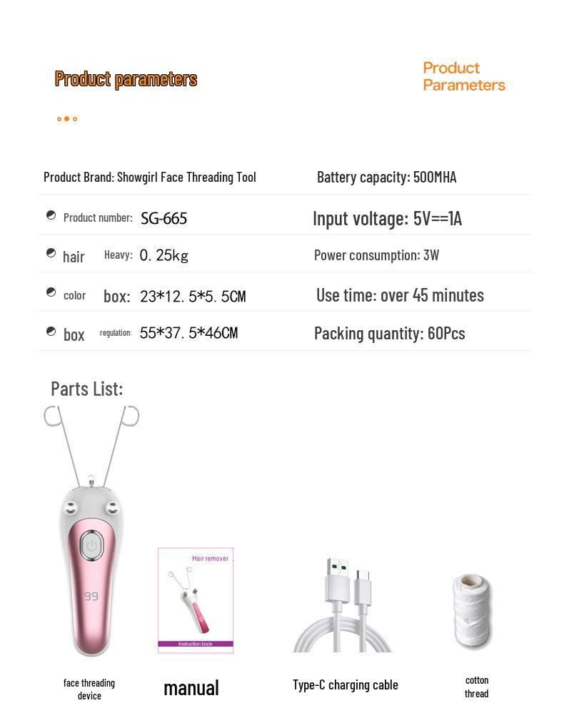 Rechargeable Facial Hair Removal Threading Device with Tweezers