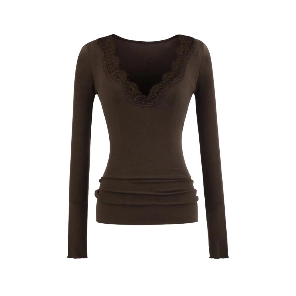 Women's V Neck Long Sleeve Lace Trim Top Slim Fit Solid Color Casual Sexy Pullover