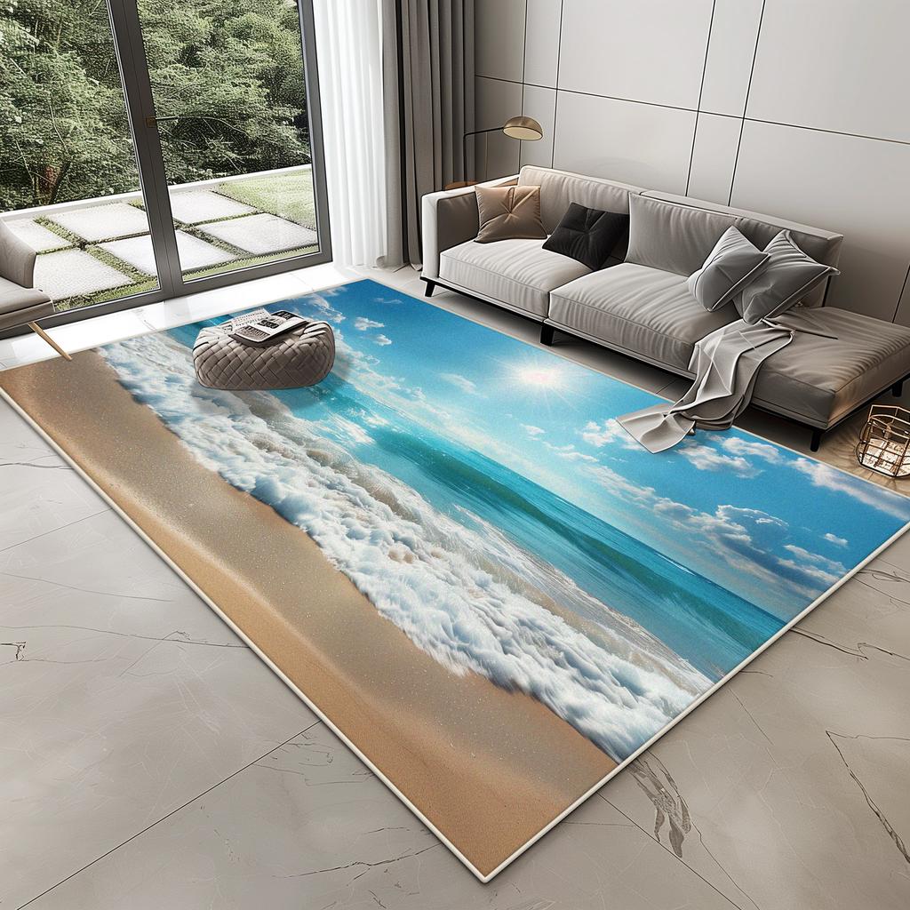 3D Vision Seaside Design Carpet for Living Room Home Decoration Modern Bedroom Rug Lounge Non-slip Washable Plush Floor Mat Soft