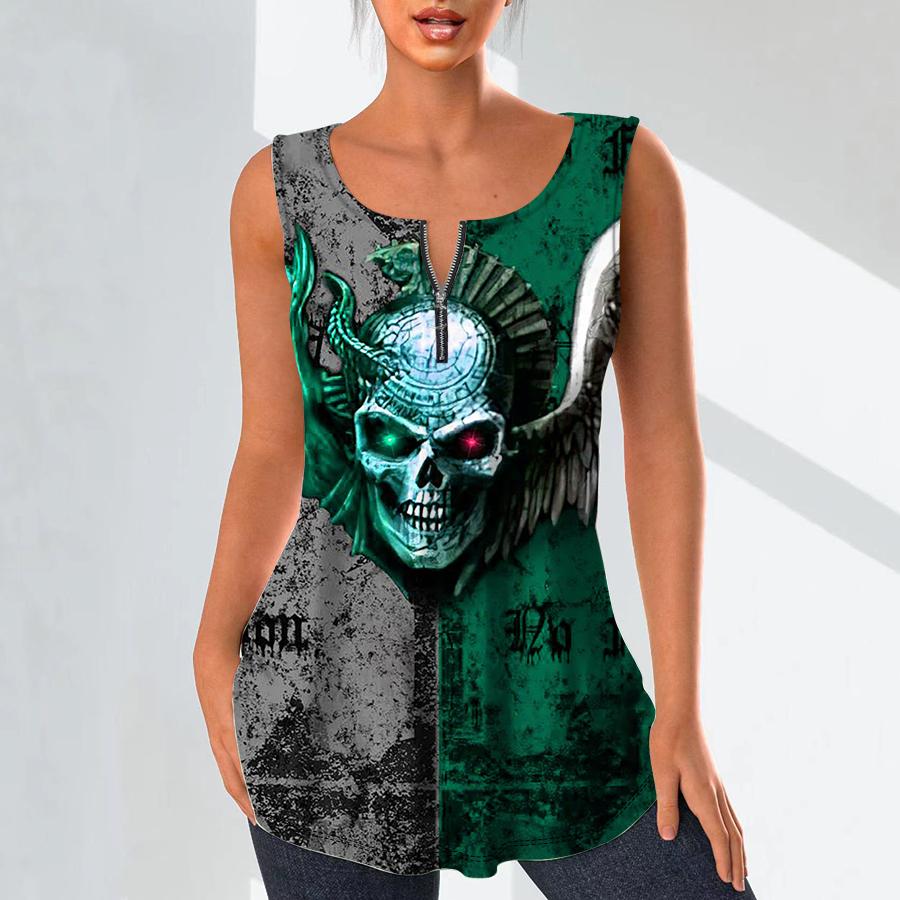 Camisas con cuello en V a la moda para mujer, camisetas informales, chaleco con estampado de esqueleto oscuro en 3D, blusa sin mangas de talla grande, camisetas sin mangas