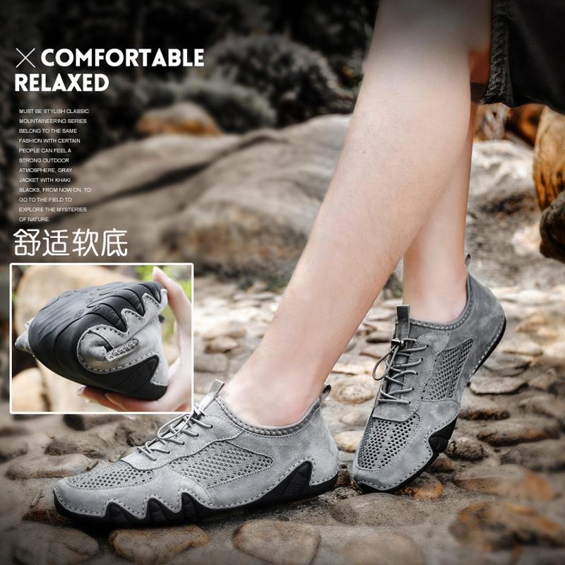 Large size 2021 summer casual leather shoes breathable mesh shoes grid shoes running tide shoes rubber outsole outdoor