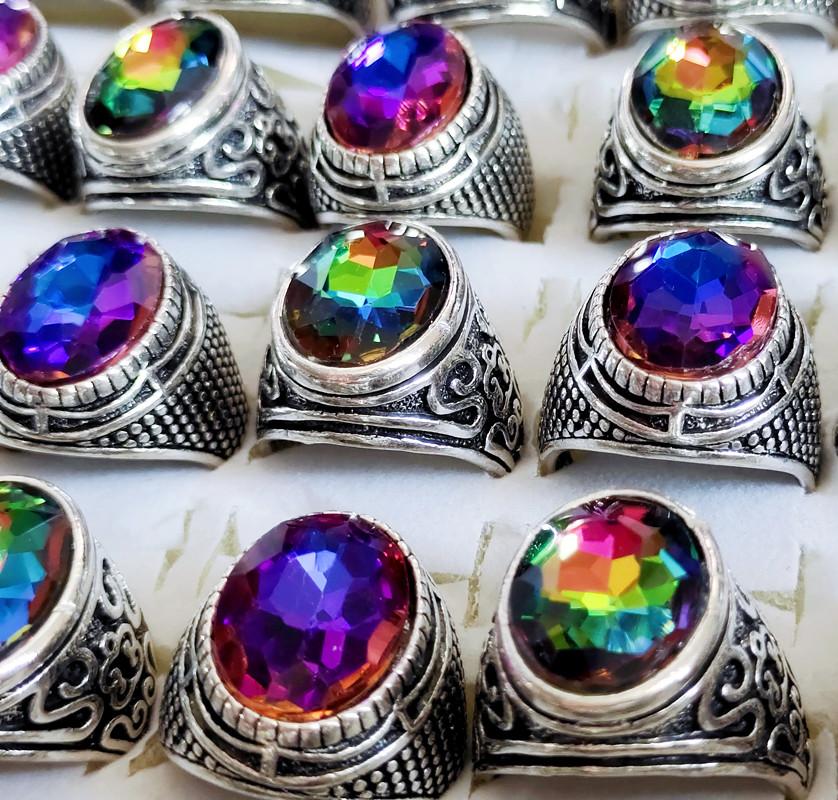 Оптовая продажа 18 шт. Богемное Винтажное Кольцо Большого Размера Радужный Призма Синтетический Хрусталь Сплав Кольцо Унисекс Модные Украшения CN