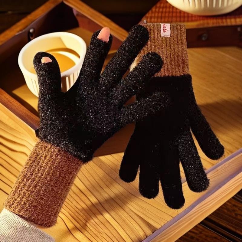 New cashmere gloves for women's winter new cashmere warm thickened cold-proof finger wool gloves tide