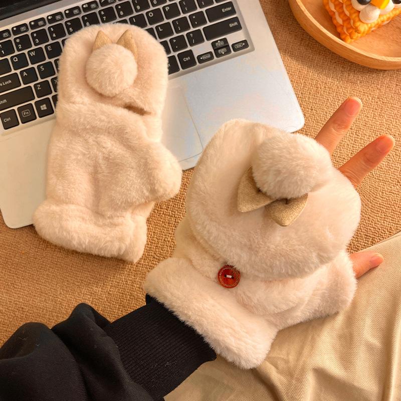 Cute Plush Rabbit Flip Open Finger Half Finger Plush Thickened Girl Cold