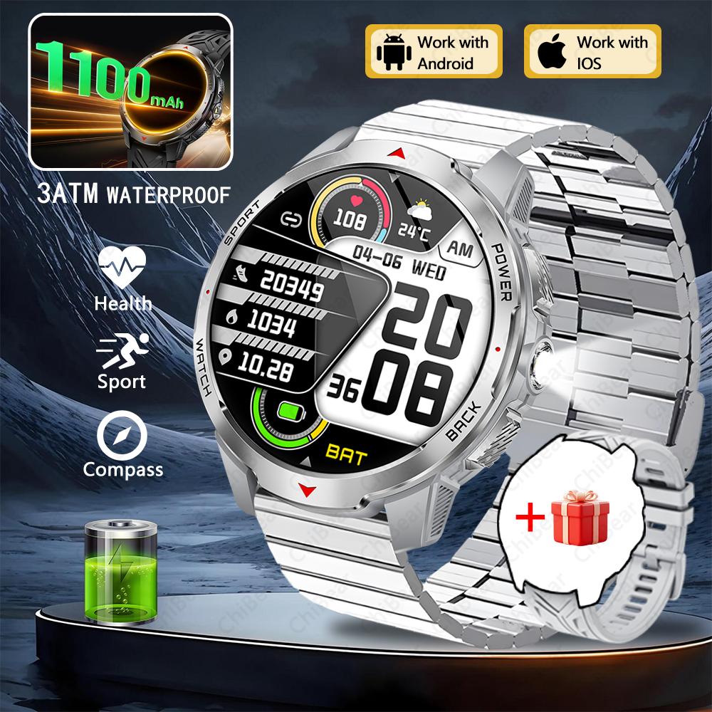 New 1100mAh Large Battery Smart Watch Men Compass LED Flashlight 3ATM Waterproof Bluetooth Call Heart Rate Sports Smartwatch