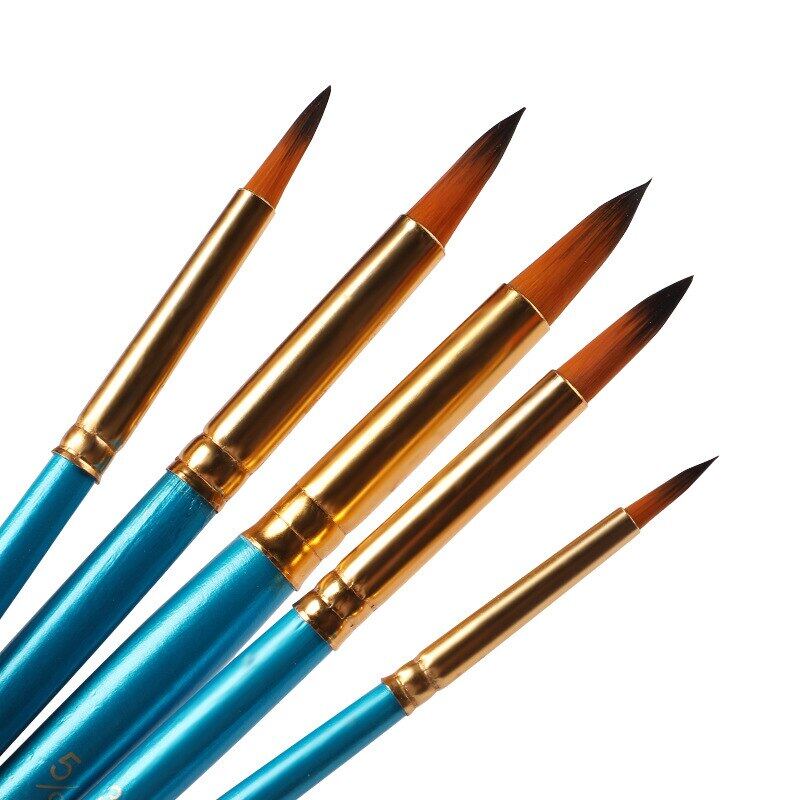 JOWOART 5 Pcs Set Watercolor Brush Pen Nib Round Head Blue Short Wood Nylon Hair Gouache Paint Brush Set Art Supplies for Painting
