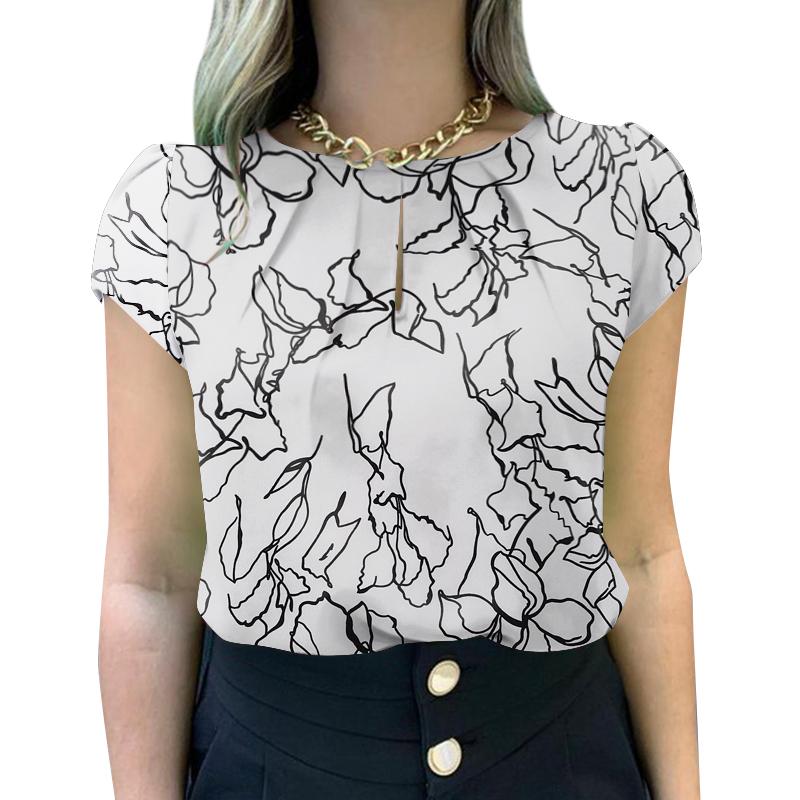 

ZANZEA Женская повседневная летняя блузка с круглым вырезом и коротким рукавом с принтом XL белый