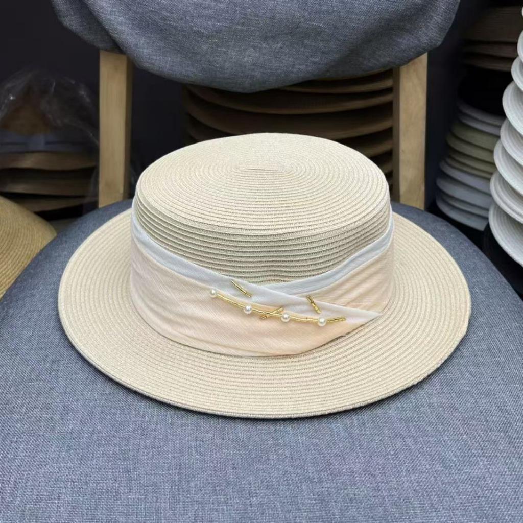 High-end straw hat women's summer sun hat UV protection sunshade sun protection hat women's straw woven flat top hat women