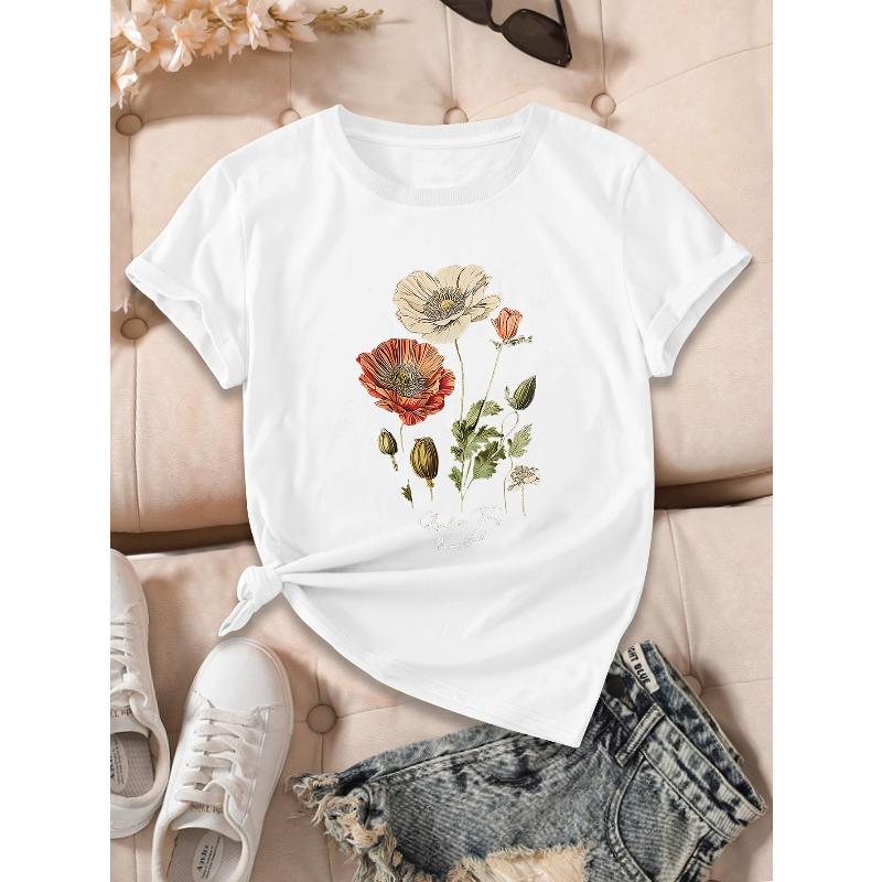 European sizes Floral Print T-Shirt - Soft Breathable Round Neck Short Sleeve Casual Top for Spring Summer, Machine Washable Everyday Comfort