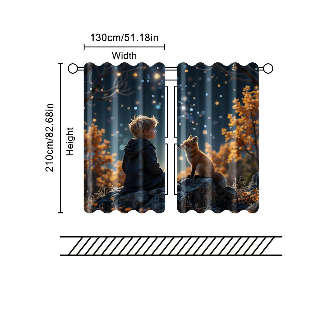 2 Pcs, Filtering Curtains (excluding Rods, Non-movable, Without Batteries) Boy & Little Fox for Use In Bedrooms and Living Rooms