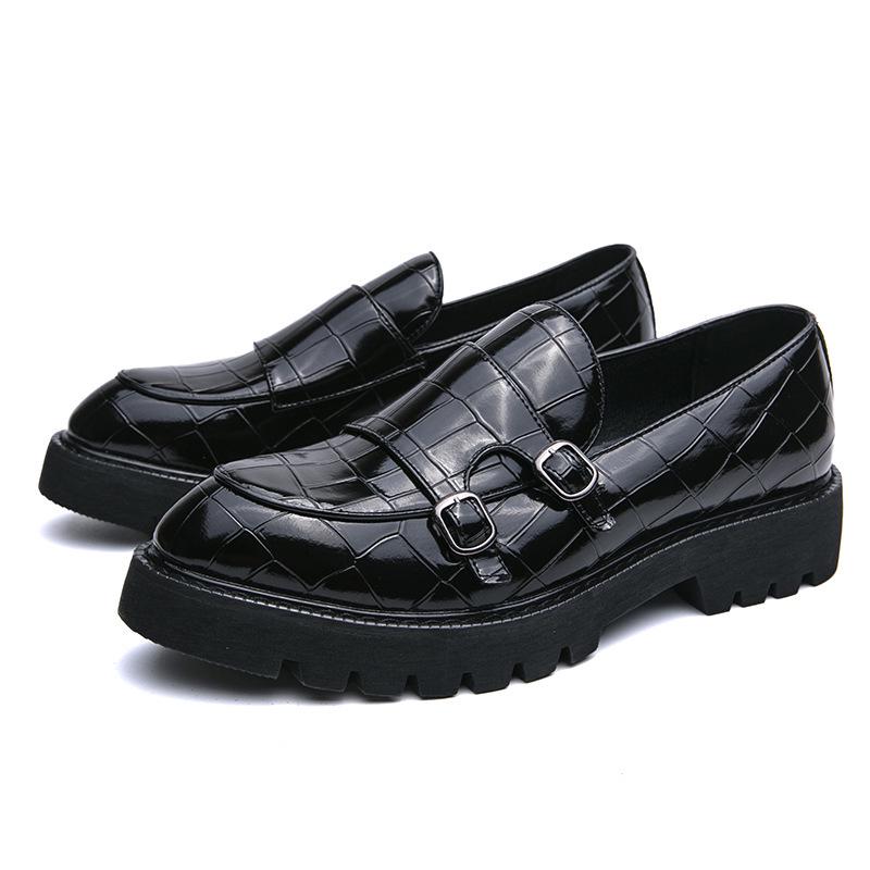 Men's Patent Leather Shiny Chunky Heel Loafers with Double Buckle - Plus Size Casual Hairstylist Shoes