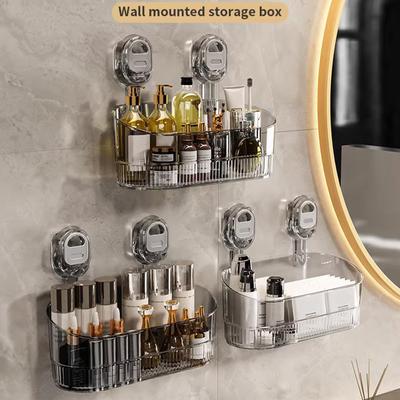 Powerful Suction Cup Bathroom Storage Box Transparent Clear Hanging Shower Shelf Strong Load-Bearing Cosmetics Rack