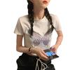 New Summer Korean Butterfly Printed White Short T-shirt for Female Students Slim Short Sleeves Slim Top