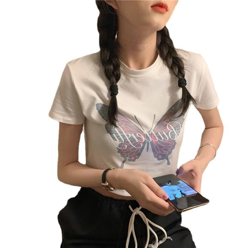 New Summer Korean Butterfly Printed White Short T-shirt for Female Students Slim Short Sleeves Slim Top