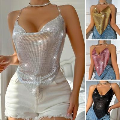 Women Sequin Sling Tops Halter Sleeveless Backless Short Vest with Metal Chain Laces And Swing Collar Sexy Camisole
