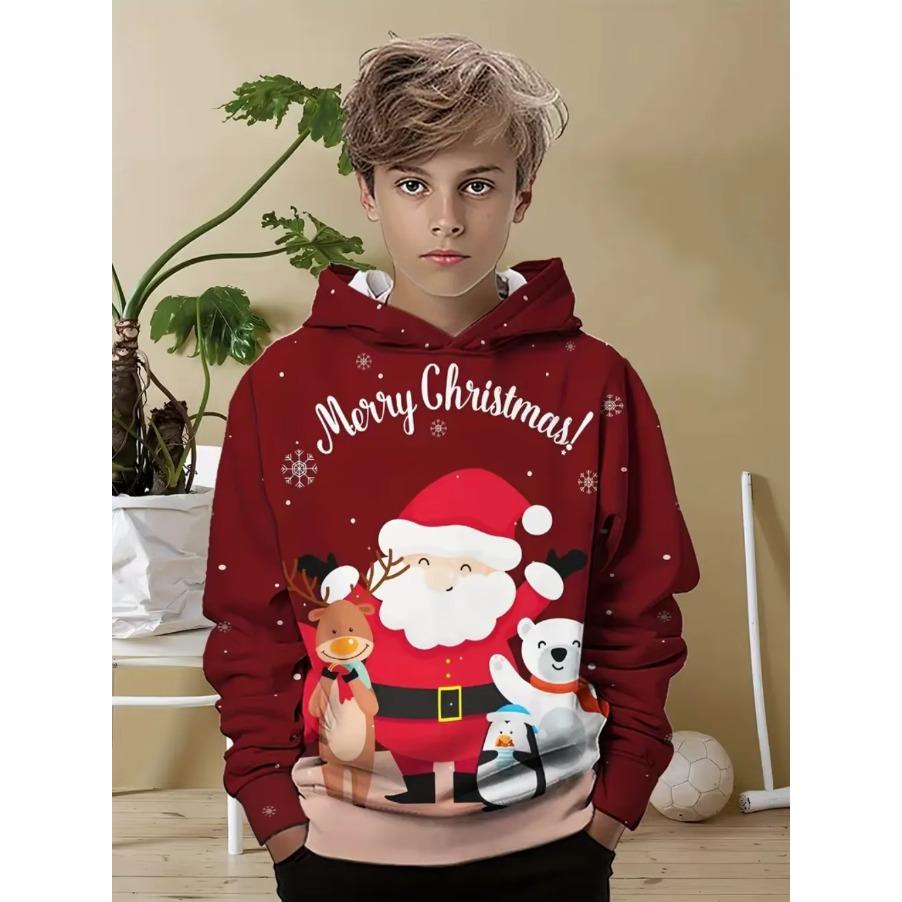 Sudadera con capucha navideña para niños Estampado de Papá Noel Sudadera de moda de dibujos animados para niño niña Ropa infantil para fiesta navideña
