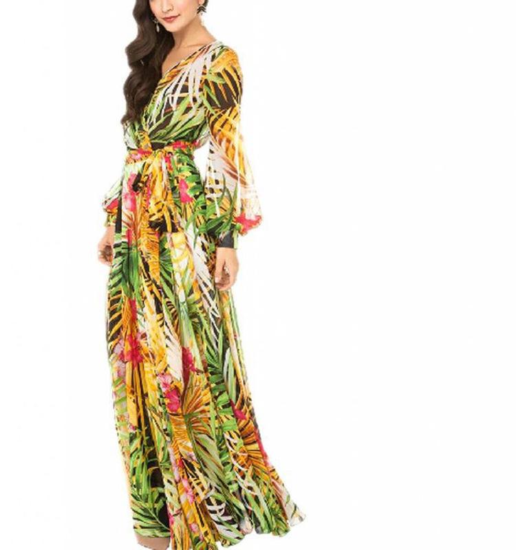 1011 Frühling und Sommer Neu Europäisches und Amerikanisches Damenkleid V-Ausschnitt Laternenärmel Rotes Blattmuster Langes Kleid, Weit schwingendes Kleid