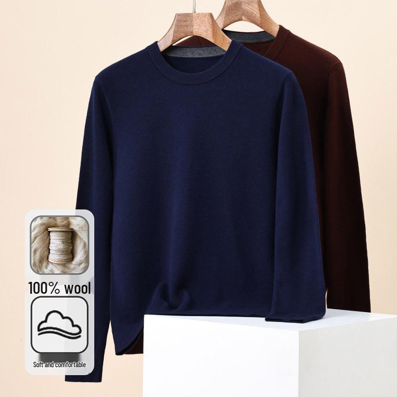 Men's 100% Pure Wool Solid Color Round Neck Sweater - 2025 Autumn/Winter Collection, High-End Base Layer