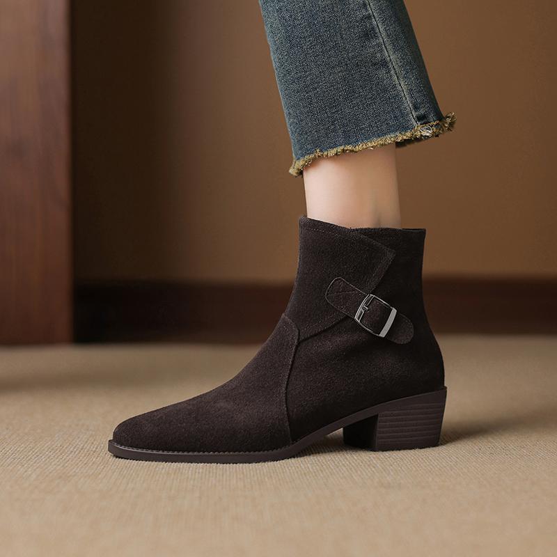 Fashion 2025 NEW Autumn Women Boots Cow Suede Leather Women Shoes Pointed Toe Ankle Boots Chunky Heel Western Modern Chelsea Boots