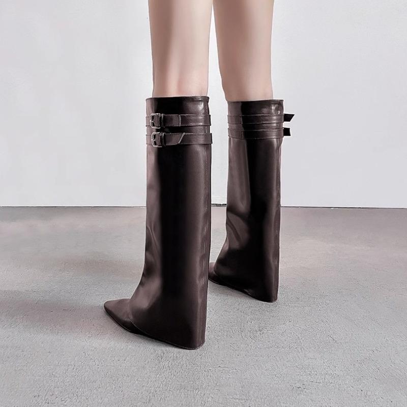 Nové zimní vysoce kvalitní dámské boty Módní špičatá jednobarevná přezka Rukávy na silném podpatku Dámské vysoké boty