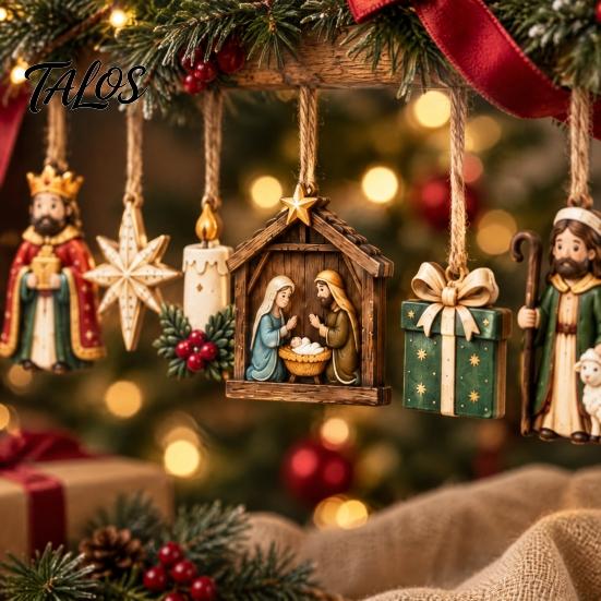 Xmas Mantel Window Hanging Retro Wooden Nativity Pendant for Christmas Tree Decoration, Rustic Manger Decorations Banner with Hemp Rope Holiday