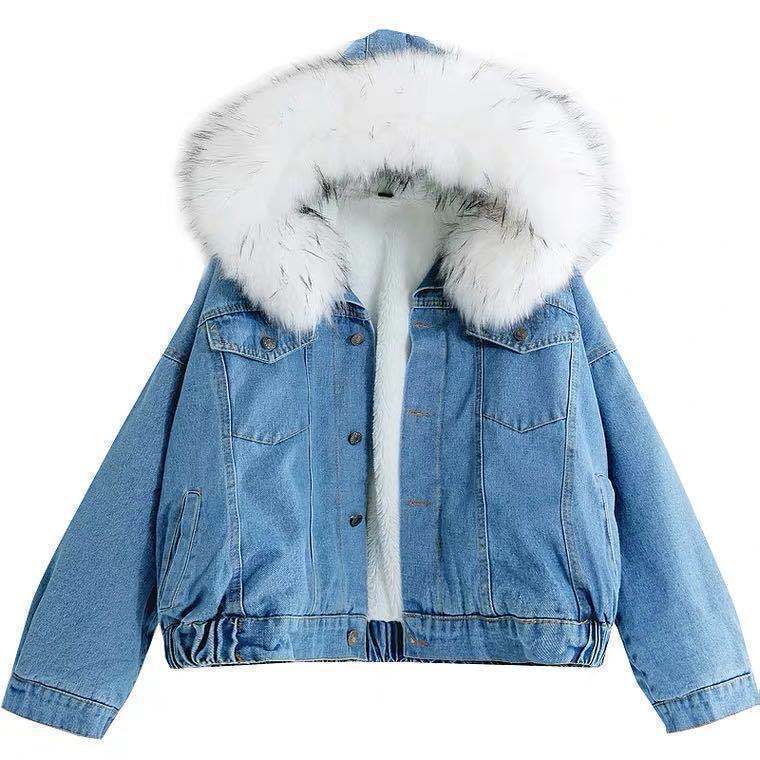 

Autumn and winter new denim jacket for women, loose female students, piled and thickened large fur collar hooded jacket for women XL